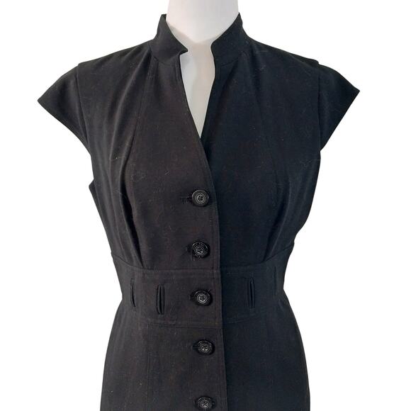 CALVIN KLEIN! LUXE BLACK BUTTON FRONT NEHRU COLLAR CAP SLEEVE DRESS! SZ S - Picture 3 of 10